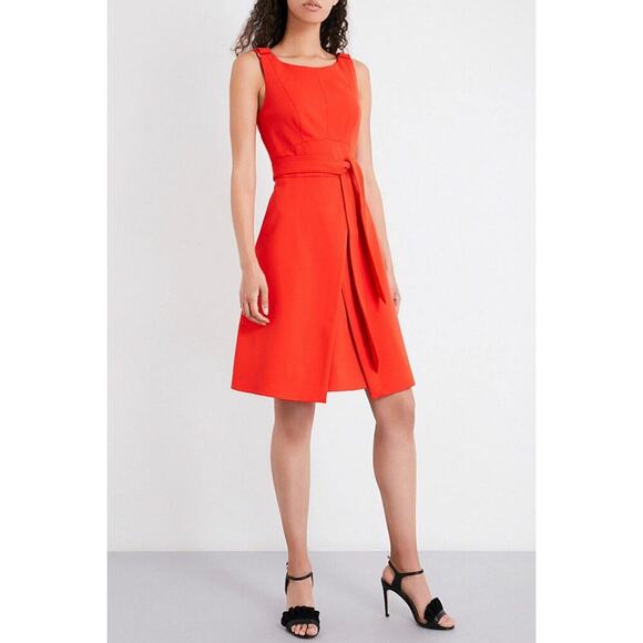 Karen Millen Pleated Belted A-line Crepe Dress Coral Red Size 6 Classic - Picture 2 of 9